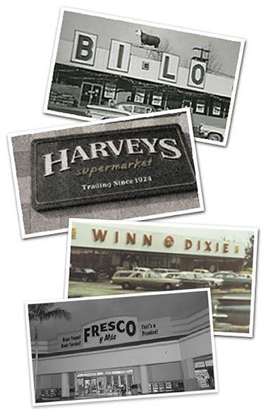 Collage of old Winn-Dixie, BI-LO, Harveys and Fresco y Más stores.