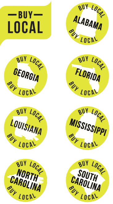 Southeastern Grocers “buy local” stamps for Alabama, Georgia, Florida, Louisiana, Mississippi, North Carolina, and South Carolina.