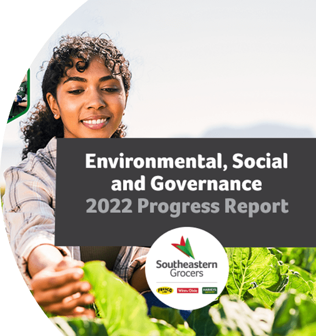 Woman in a field joyfully cultivating plants. On top of the image, text reads "Environmental, Social and Governance 2022 Progress Report" with the Southeastern Grocers, Winn-Dixie, Harveys Supermarket, and Fresco y Más logos.