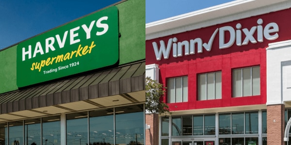 Harveys Supermarket storefront on the left. Winn-Dixie storefront on the right.