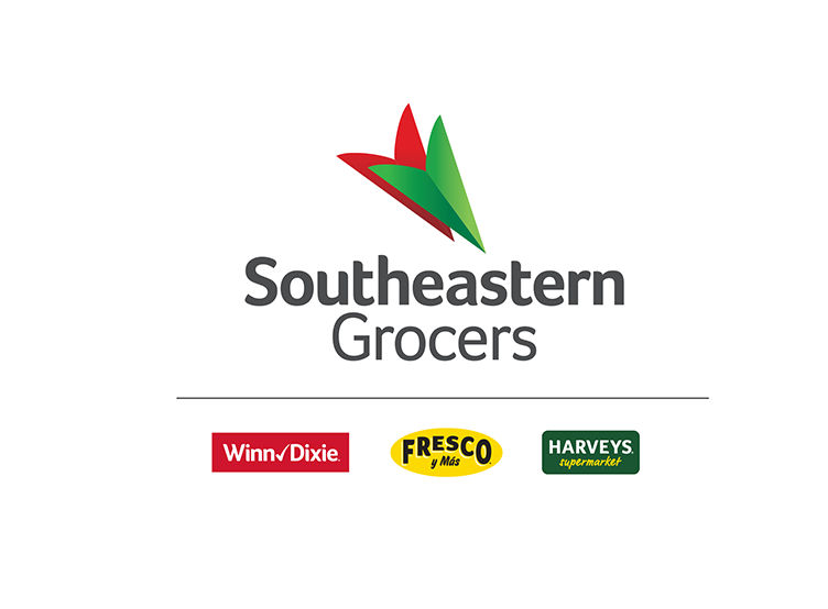 Southeastern Grocers logo, Winn-Dixie logo, Fresco y Mas logo, and Harveys Supermarket logo. On a white background.
