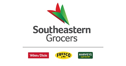 Southeastern Grocers logo, Winn-Dixie logo, Fresco y Mas logo, and Harveys Supermarket logo. On a white background.