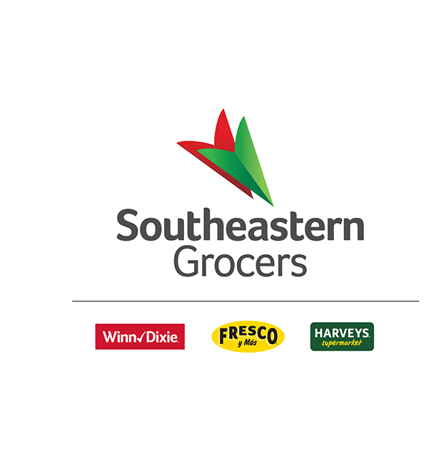 Southeastern Grocers logo, Winn-Dixie logo, Fresco y Mas logo, and Harveys Supermarket logo. On a white background.