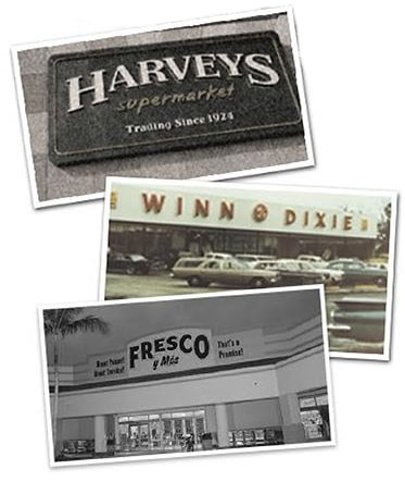 Collage of old Winn-Dixie, Harveys and Fresco y Más stores. 
