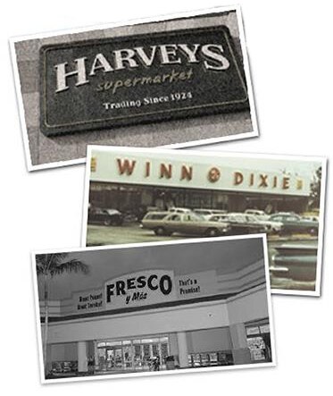 Collage of old Winn-Dixie, Harveys and Fresco y Más stores.