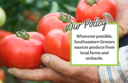 Farmer holding fresh ripe tomatoes in his hands - Our Policy - Whenever possible, southeastern grocers sources produce from local farms and orchards