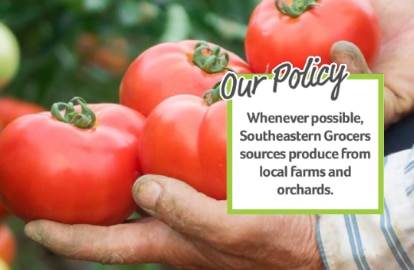 Farmer holding fresh ripe tomatoes in his hands - Our Policy - Whenever possible, southeastern grocers sources produce from local farms and orchards